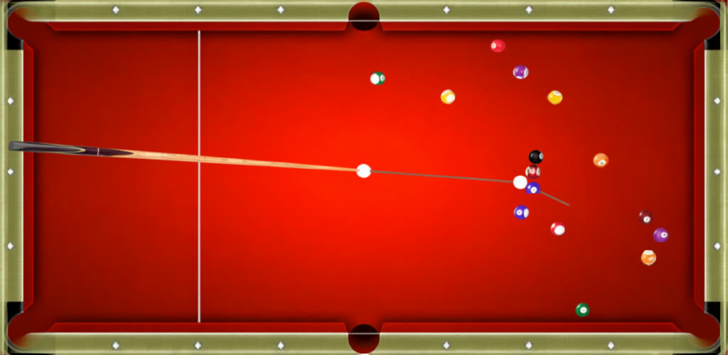 Mesa vermelha de 8 ball vista de cima com taco e bolas
